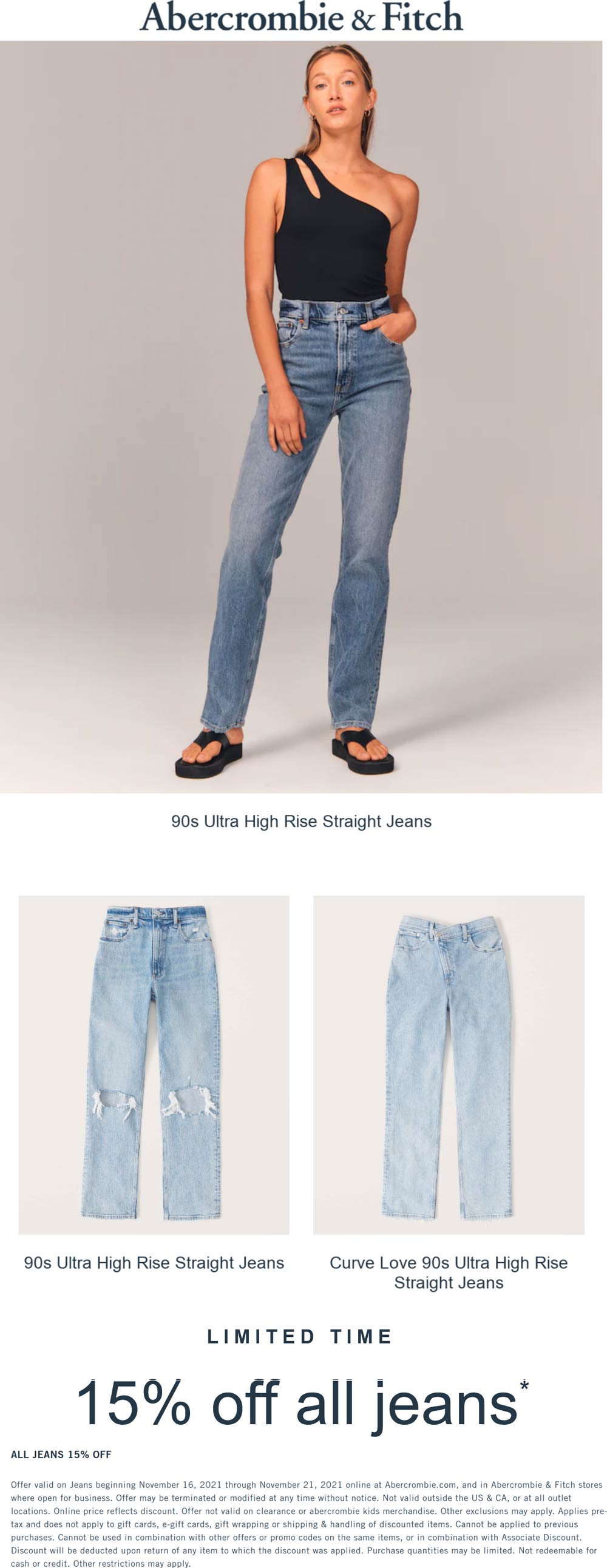 Abercrombie & Fitch stores Coupon  15% off all jeans at Abercrombie & Fitch, ditto online #abercrombiefitch 