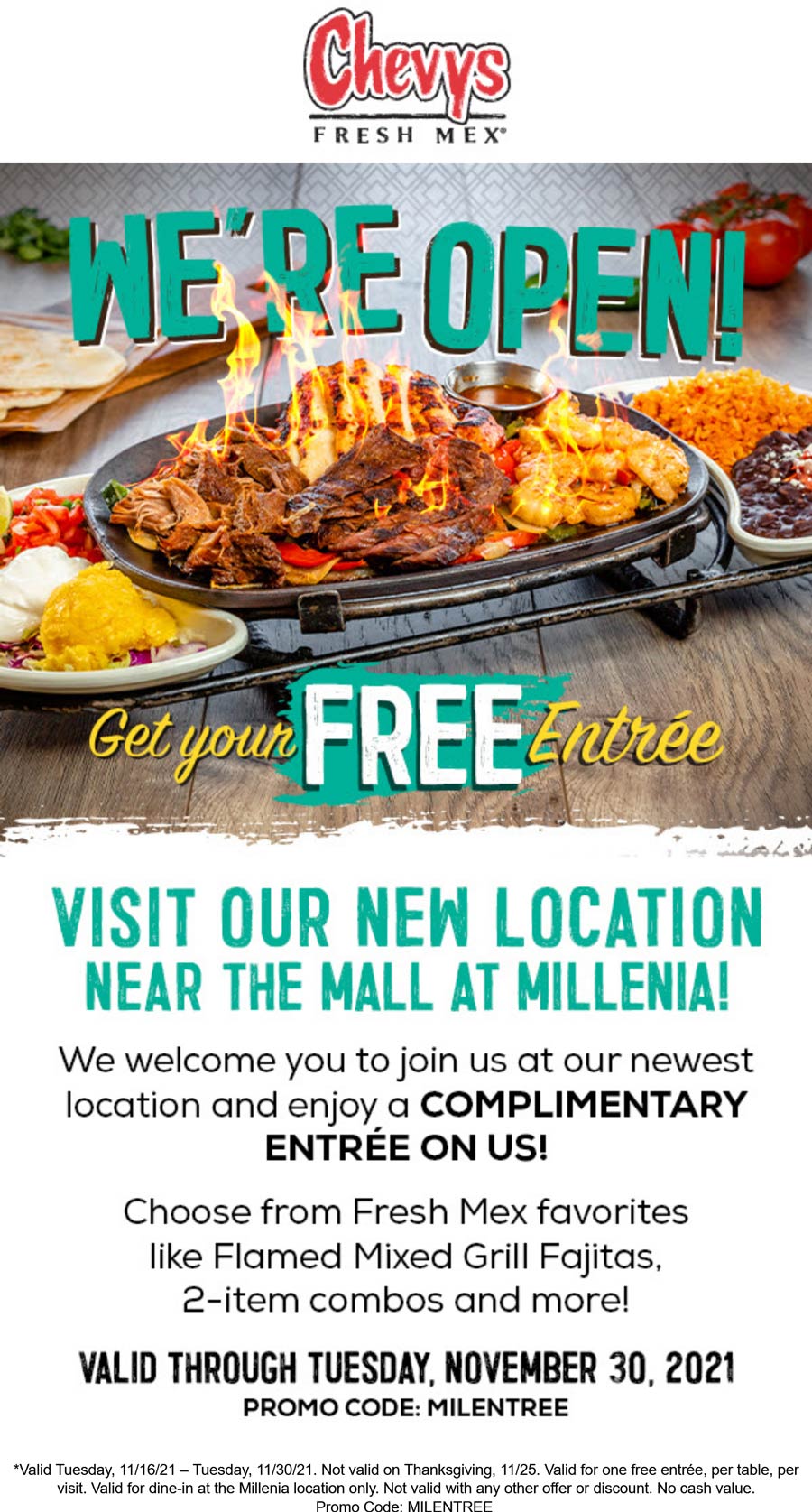 Chevys restaurants Coupon  Free entree all month at Mall at Millenia opening of Chevys Fresh Mex #chevys 