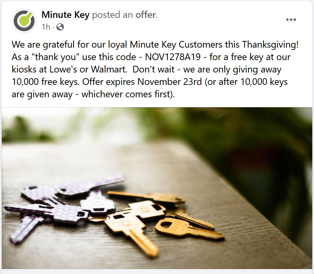 Minute Key stores Coupon  Free key at various Minute Key kiosks via promo code NOV1278A19 #minutekey 