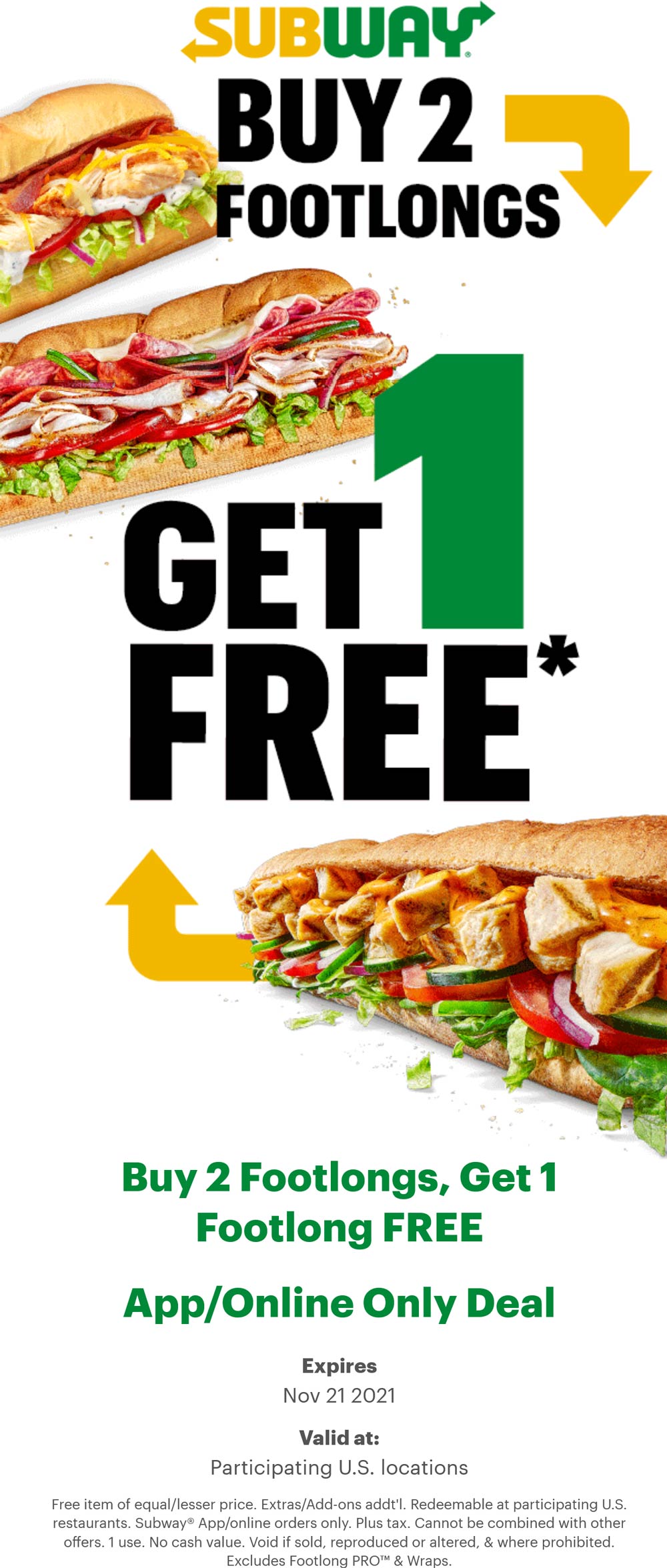 Subway restaurants Coupon  3rd footlong sandwich free online at Subway #subway 
