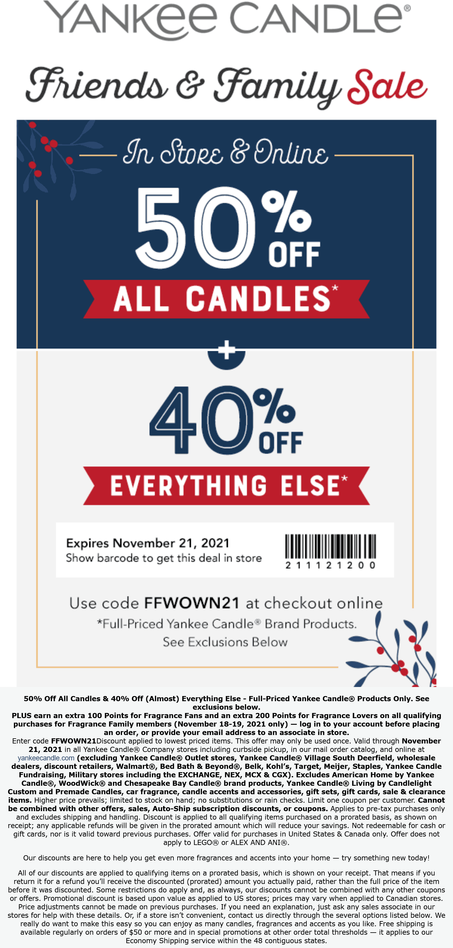 Yankee Candle stores Coupon  50% off all candles & 40% everything else at Yankee Candle, or online via promo code FFWOWN21 #yankeecandle 