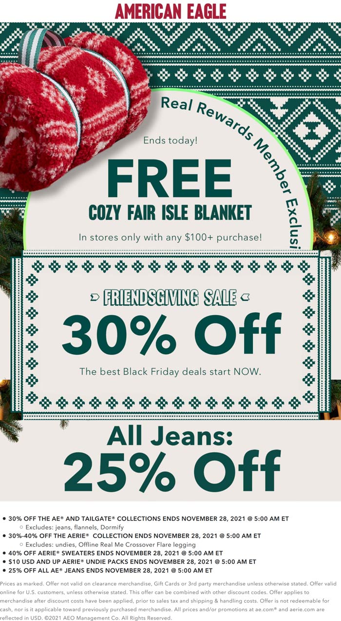 American Eagle stores Coupon  25% off all jeans + free blanket on $100 at American Eagle #americaneagle 