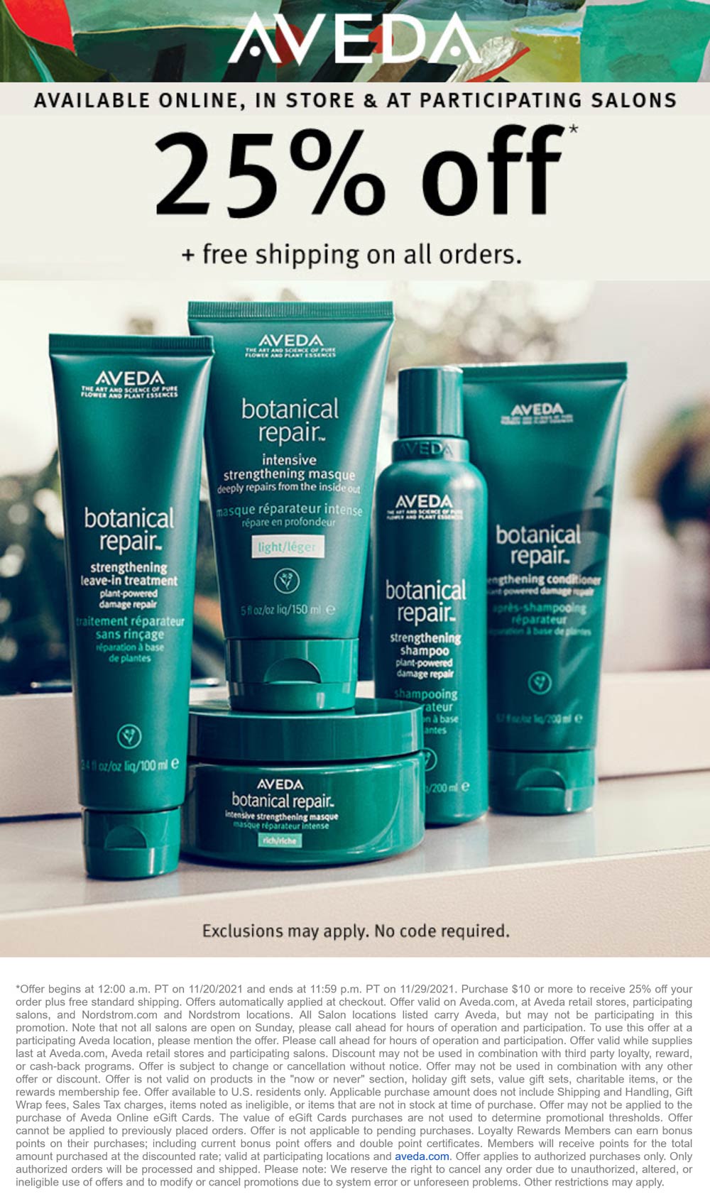 Aveda stores Coupon  25% off at Aveda, ditto online #aveda 