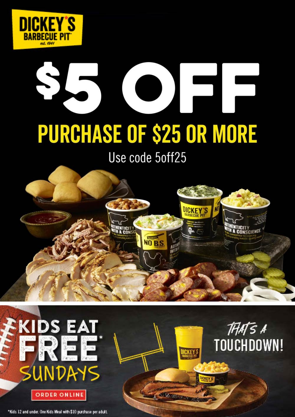 Dickeys Barbecue Pit stores Coupon  $5 off $25 + kids free Sundays at Dickeys Barbecue Pit via promo code 5off25 #dickeysbarbecuepit 