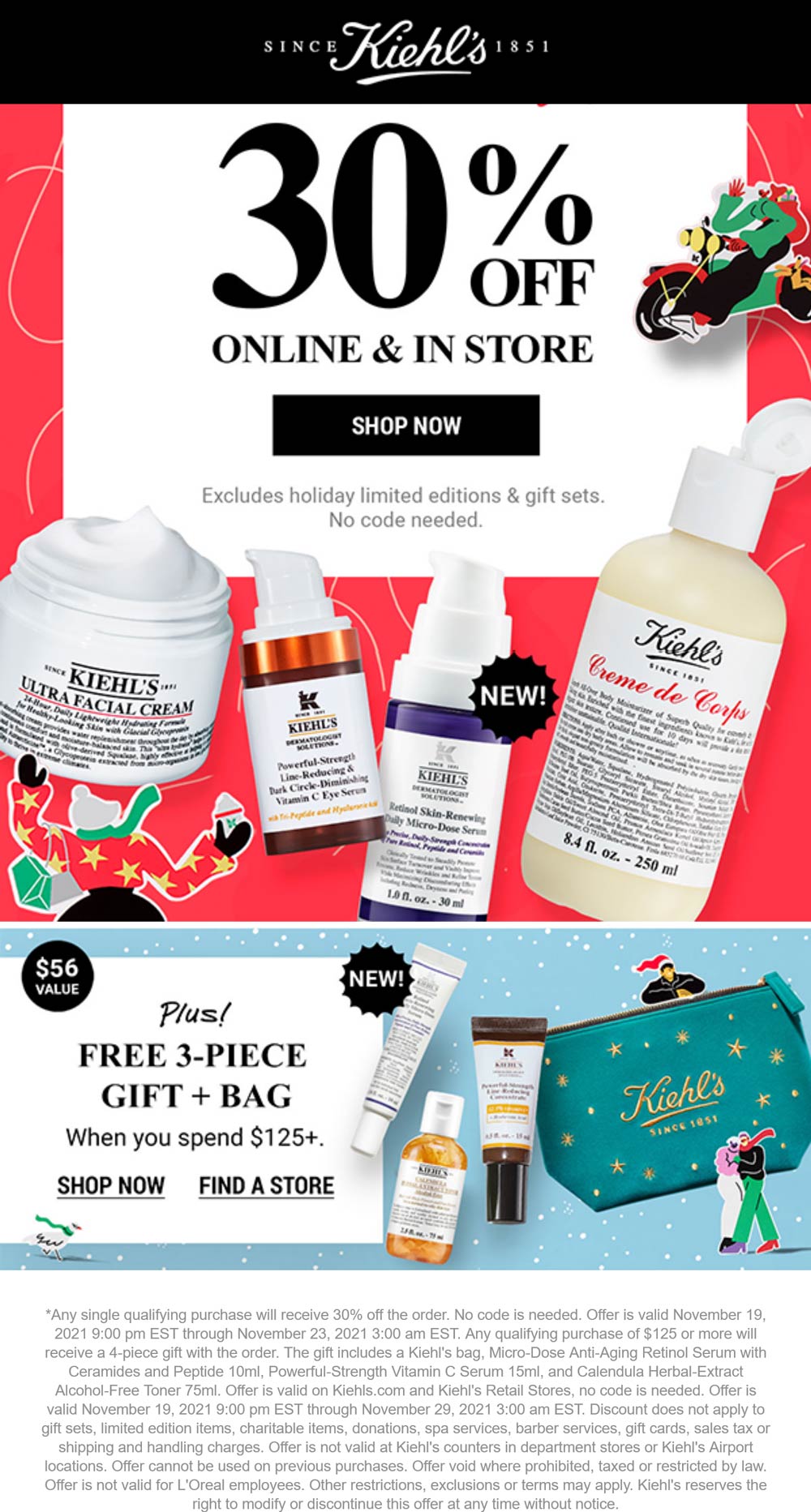 Kiehls stores Coupon  30% off today at Kiehls, ditto online #kiehls 