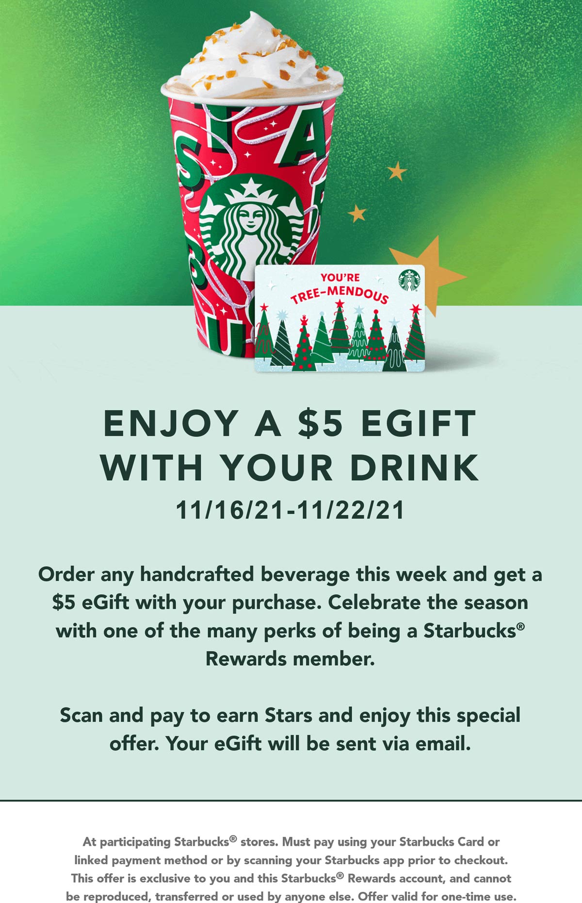 Starbucks restaurants Coupon  Free $5 egift with your drink today at Starbucks coffee #starbucks 