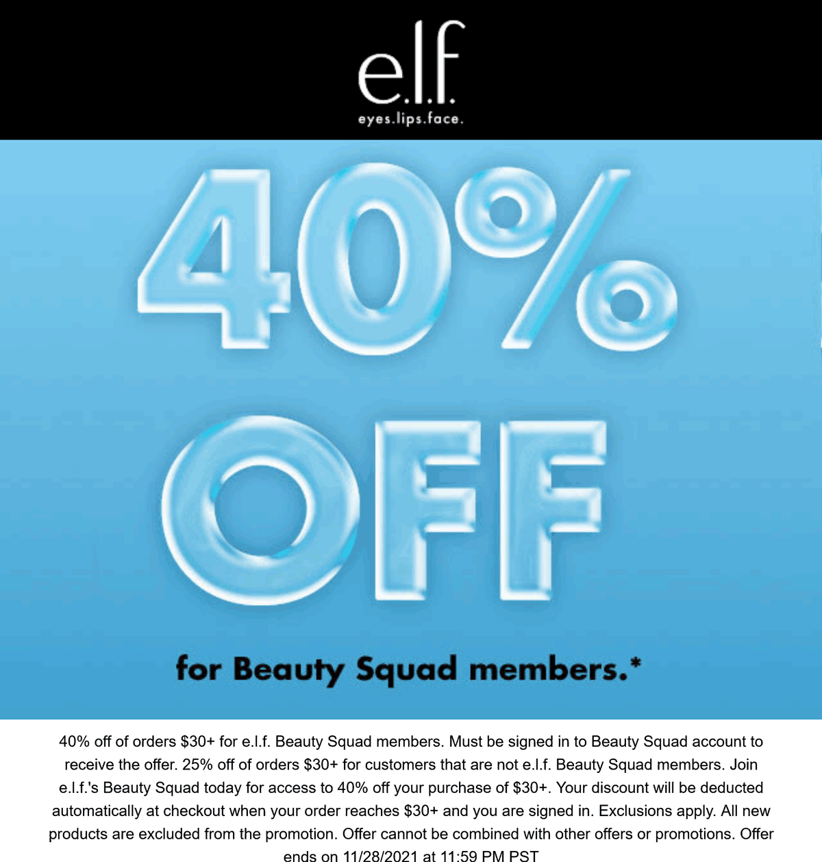 e.l.f. Cosmetics stores Coupon  25-40% off $30+ at e.l.f. Cosmetics #elfcosmetics 