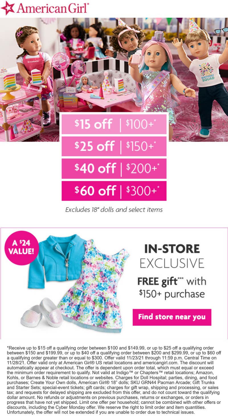 American Girl stores Coupon  $15-$60 off $100+ at American Girl dolls, ditto online #americangirl 