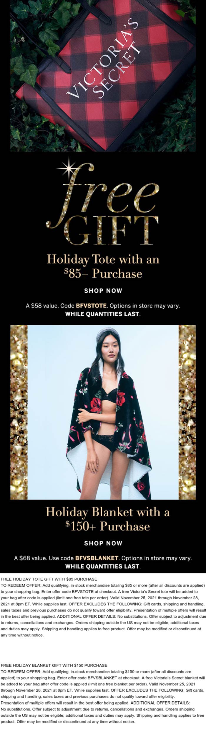 Victorias Secret stores Coupon  Free tote or blanket on $85+ at Victorias Secret via promo codes BFVSTOTE and BFVSBLANKET #victoriassecret 