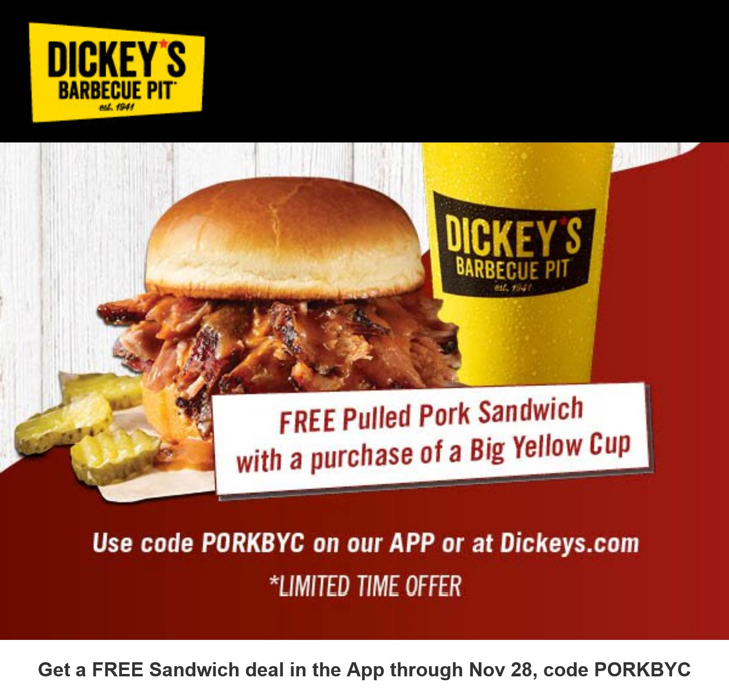 Dickeys Barbecue Pit restaurants Coupon  Free pork sandwich with your cup online at Dickeys Barbecue Pit via promo code PORKBYC #dickeysbarbecuepit 