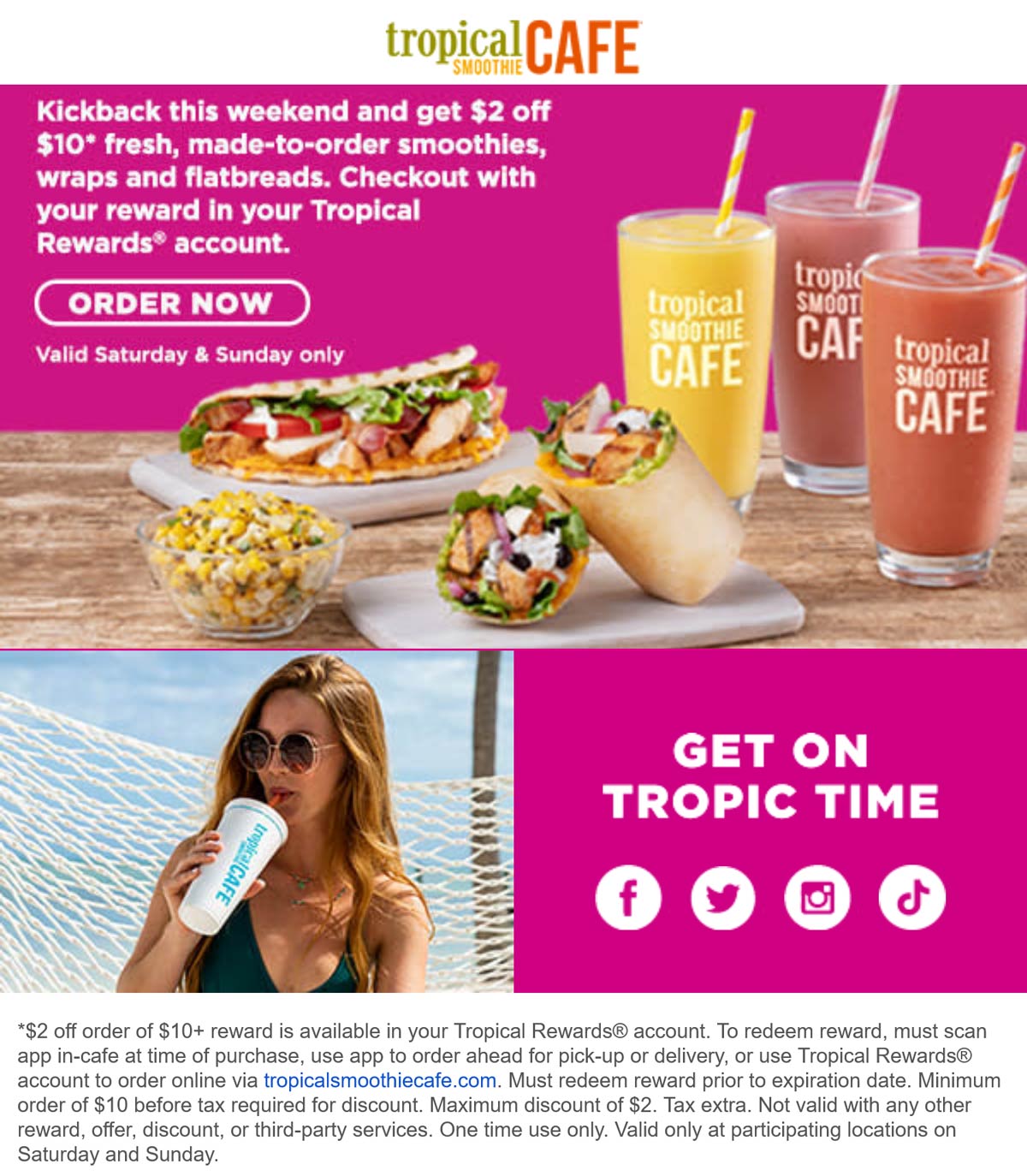 Tropical Smoothie Cafe restaurants Coupon  $2 off $10 via rewards at Tropical Smoothie Cafe #tropicalsmoothiecafe 