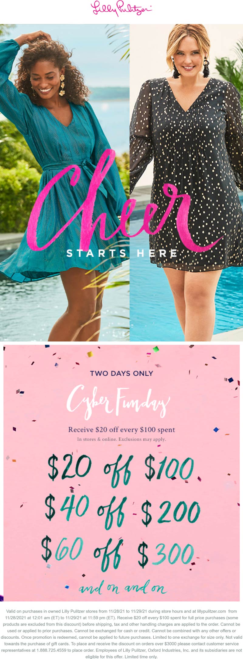 20 off every 100 at Lilly Pulitzer, ditto online lillypulitzer The