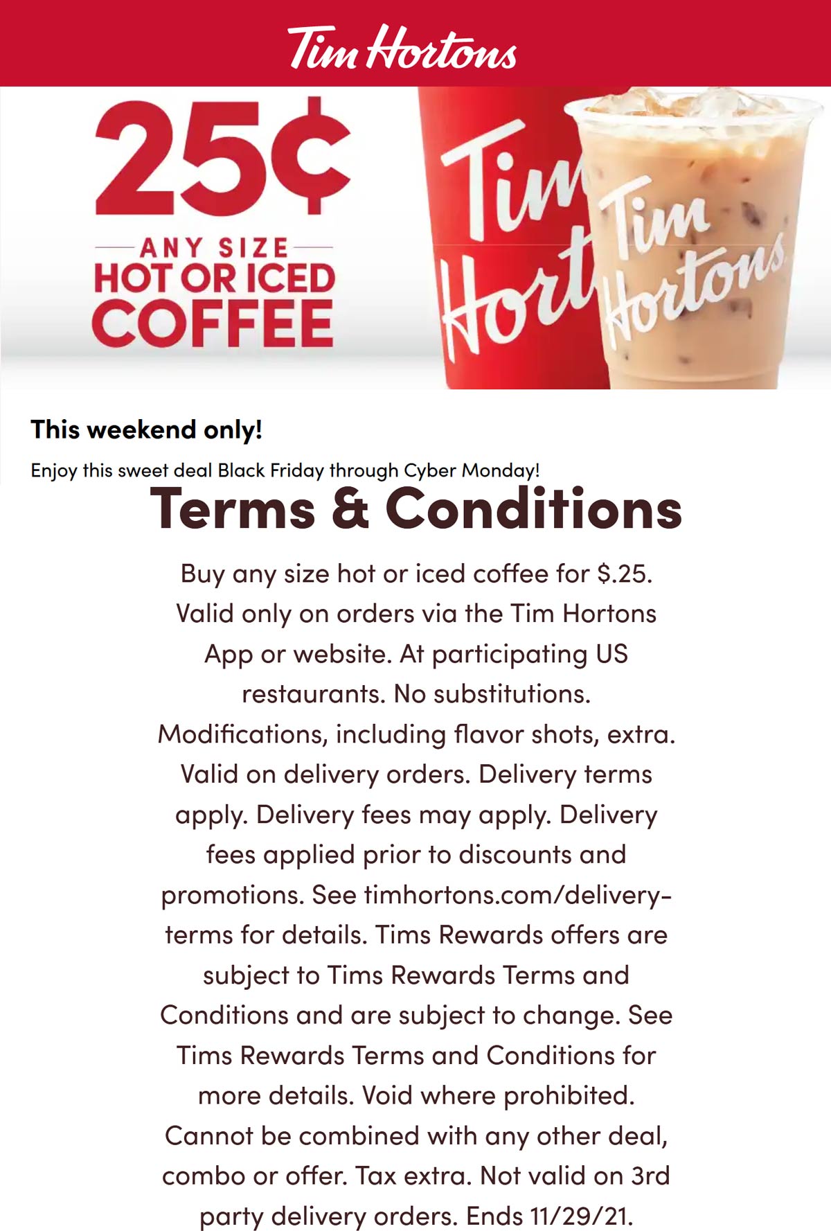 Tim Hortons restaurants Coupon  .25 cent coffee at Tim Hortons #timhortons 