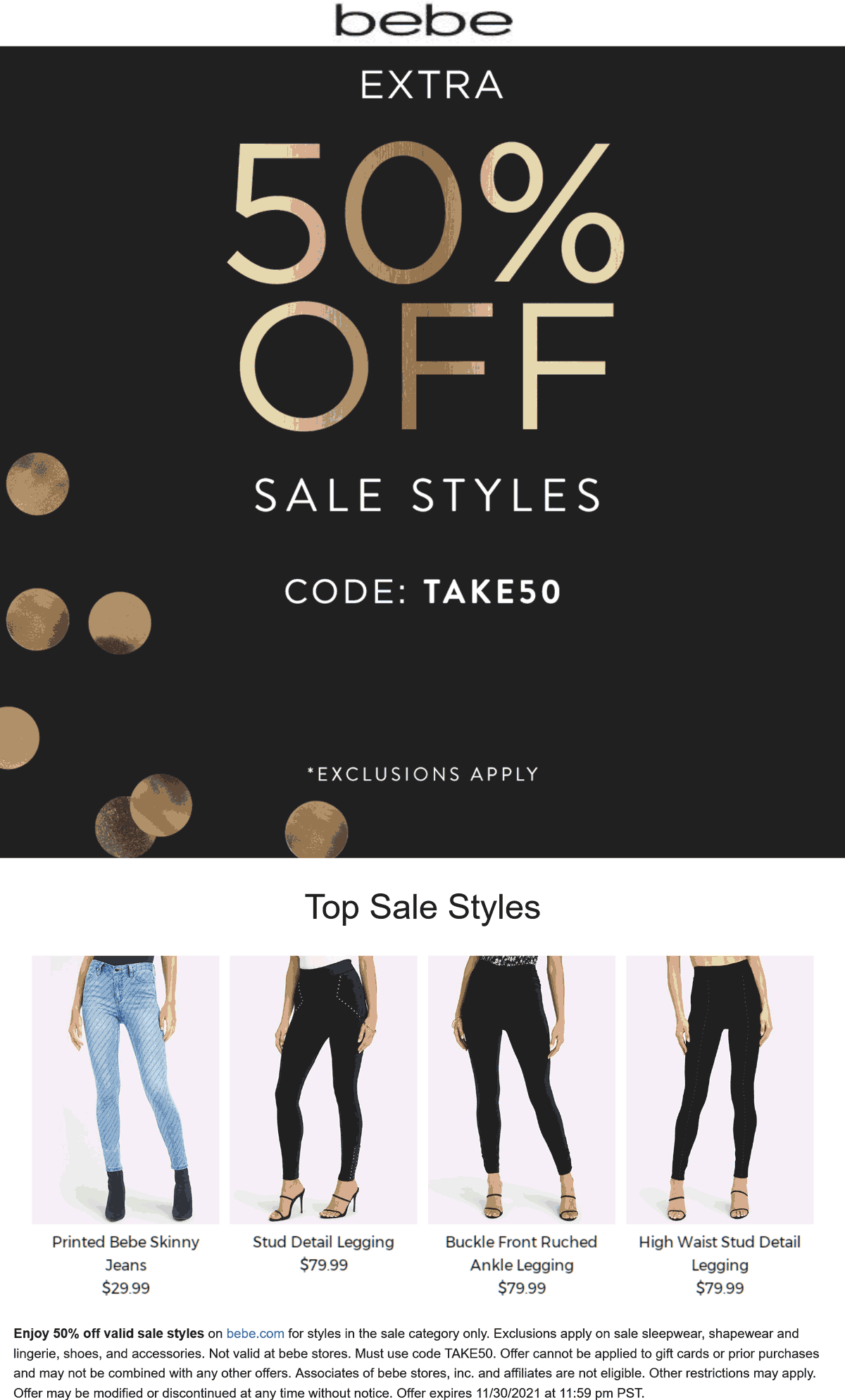 bebe stores Coupon  Extra 50% off sale styles online today at bebe via promo code TAKE50 #bebe 