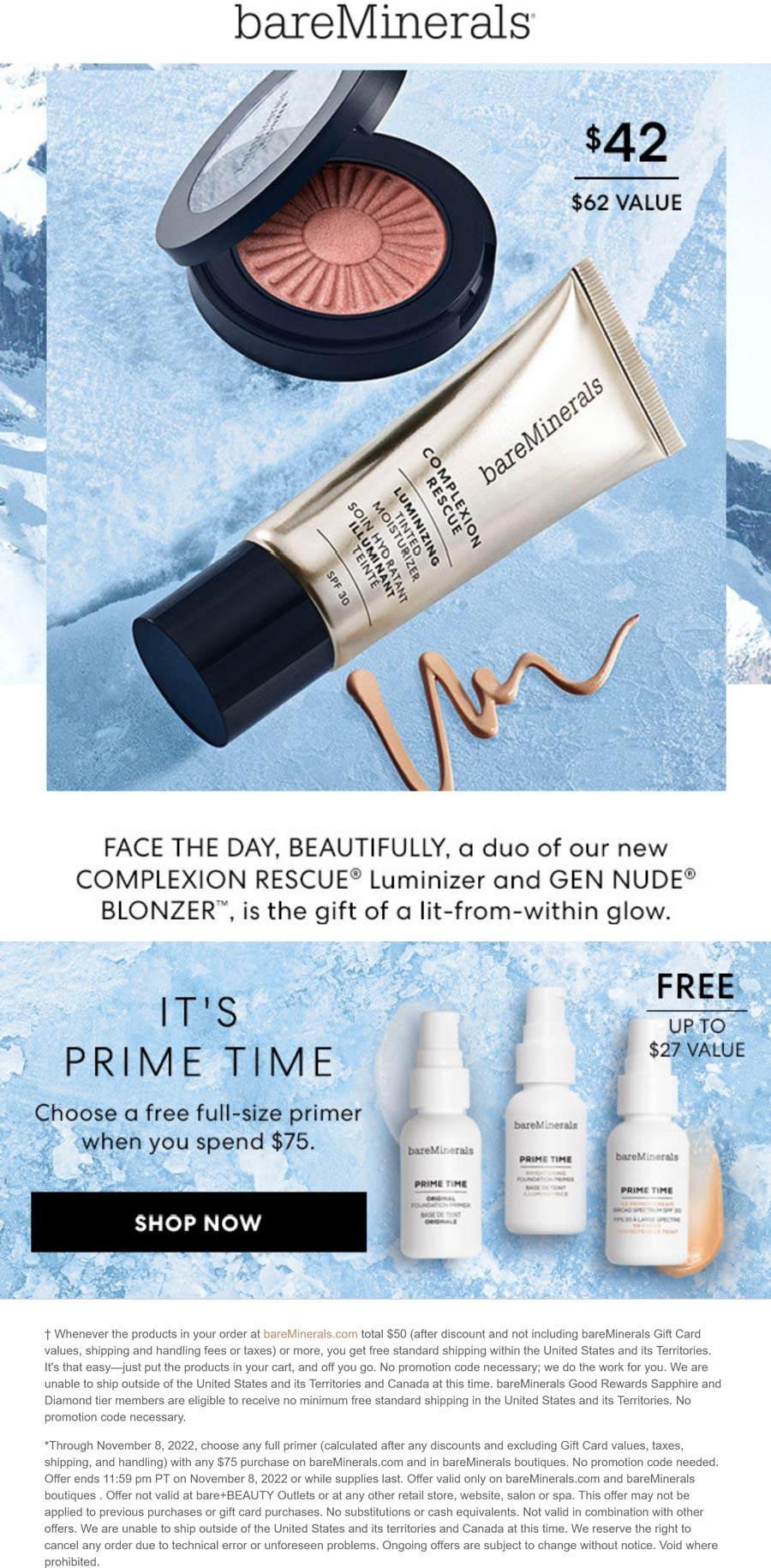bareMinerals stores Coupon  Free full-size primer on $75 at bareMinerals, ditto online #bareminerals 