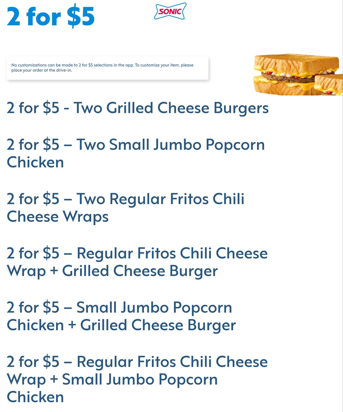 Sonic Drive-In restaurants Coupon  2 cheeseburgers & various others for $5 at Sonic Drive-In restaurants #sonicdrivein 