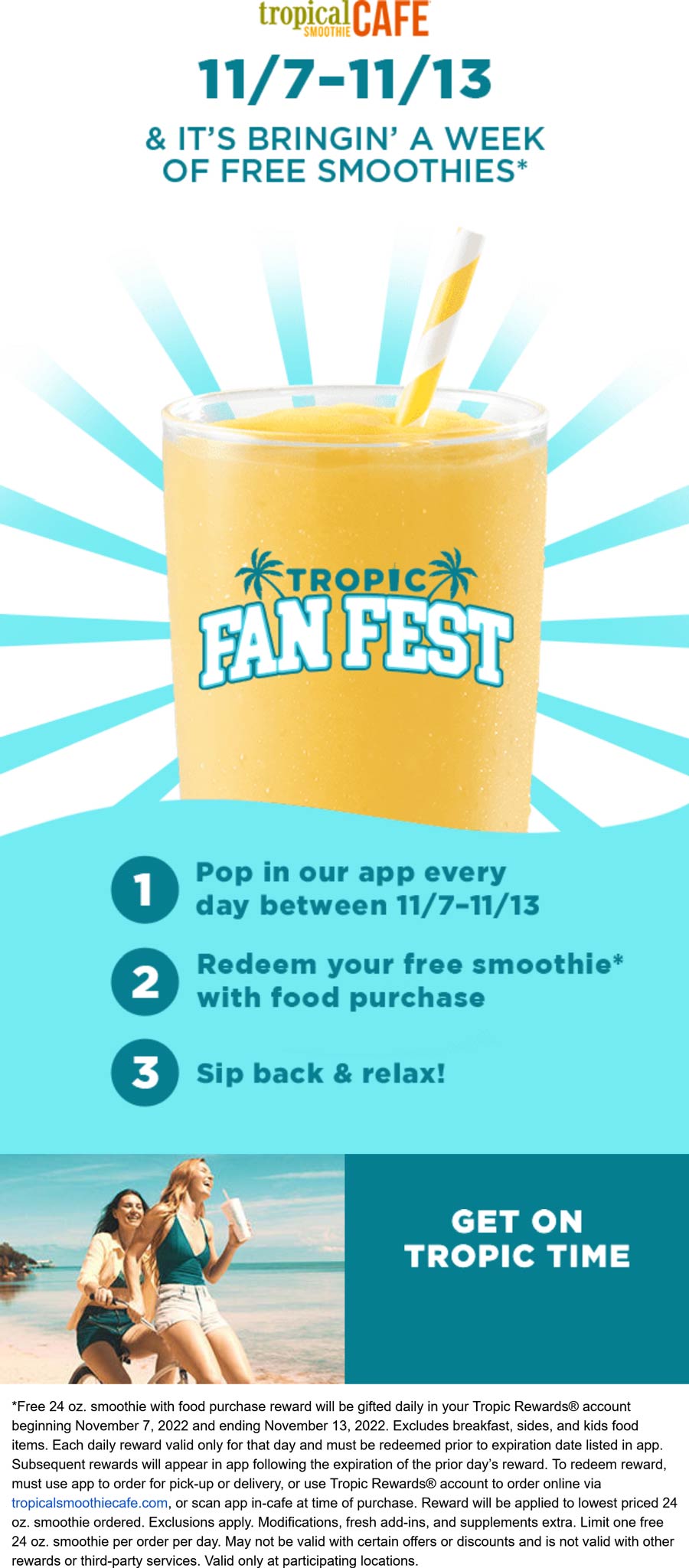 Tropical Smoothie Cafe restaurants Coupon  Free smoothie with food purchase daily at Tropical Smoothie Cafe #tropicalsmoothiecafe 