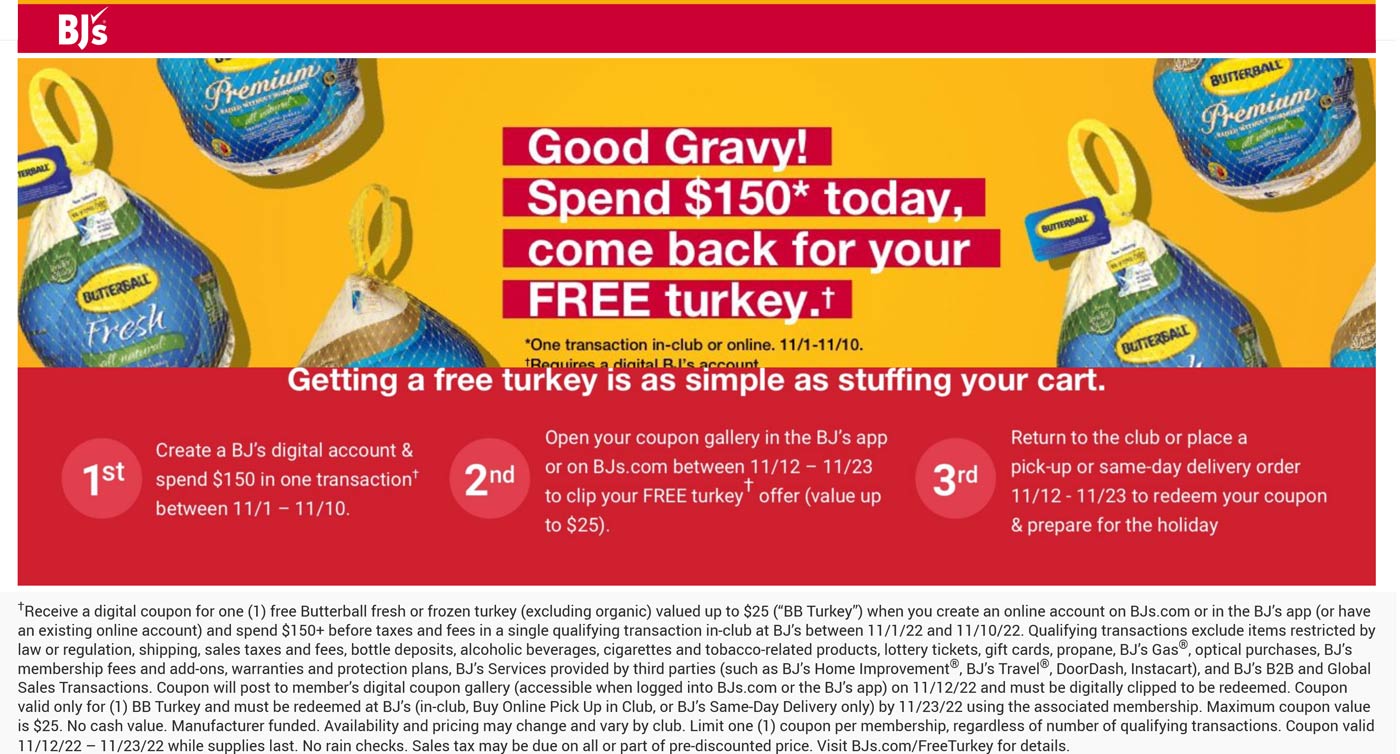 BJs restaurants Coupon  Free turkey on $150 at BJs warehouse #bjs 