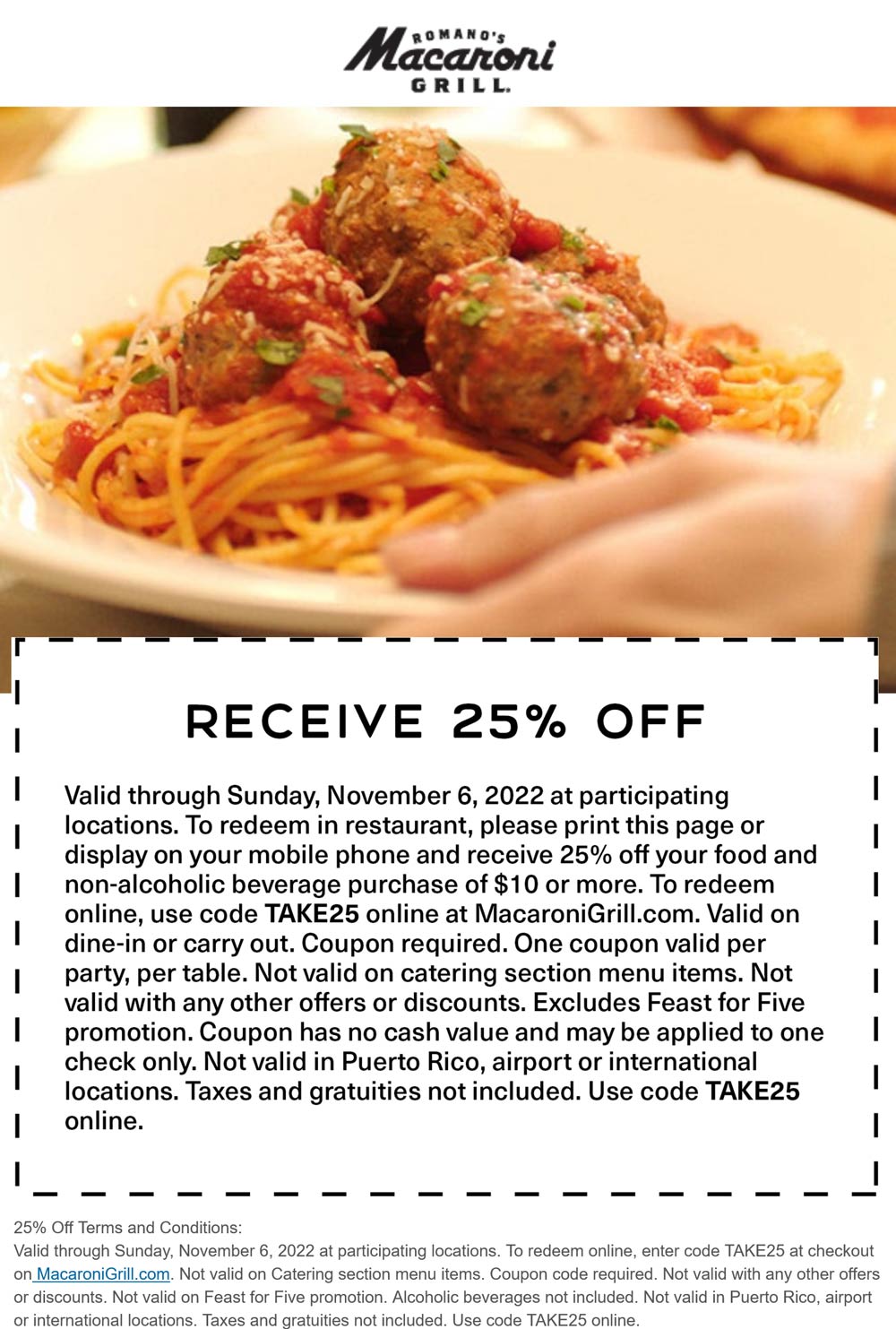 Macaroni Grill restaurants Coupon  25% off at Macaroni Grill restaurants, or online via promo code TAKE25 #macaronigrill 