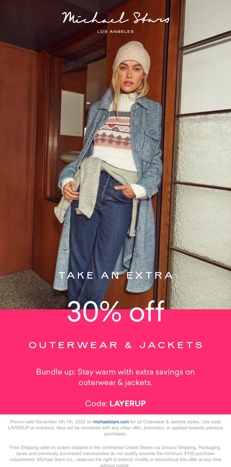 Michael Stars stores Coupon  30% off outerwear at Michael Stars via promo code LAYERUP #michaelstars 