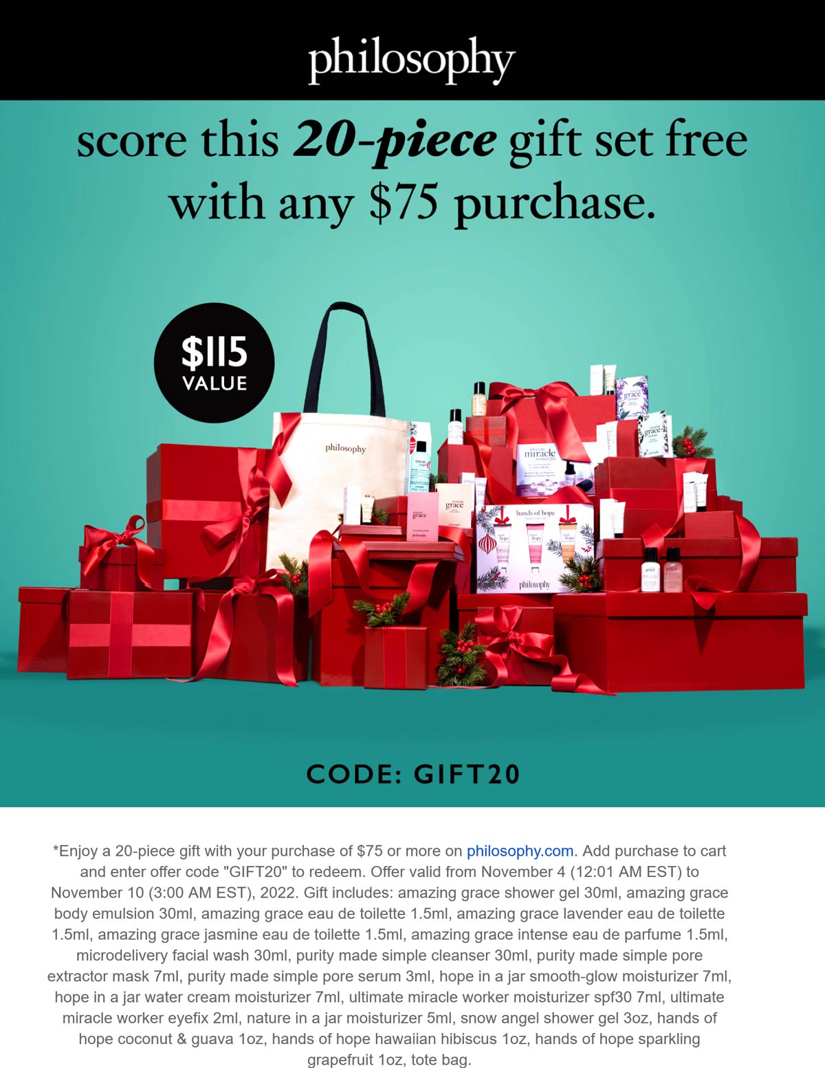 Philosophy stores Coupon  20pc set free on $75 at Philosophy via promo code GIFT20 #philosophy 