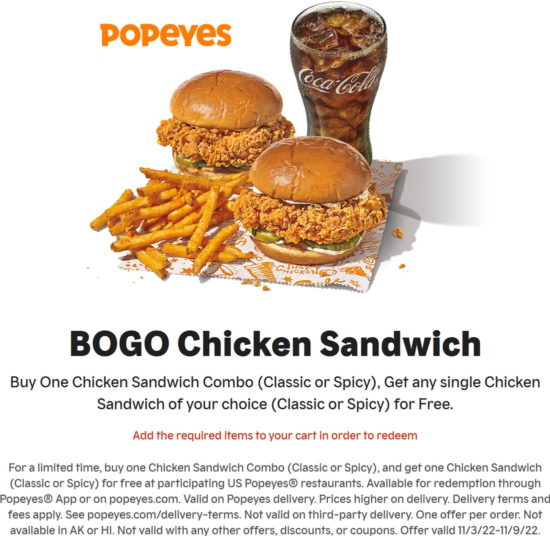 Popeyes restaurants Coupon  Free chicken sandwich with your combo at Popeyes #popeyes 