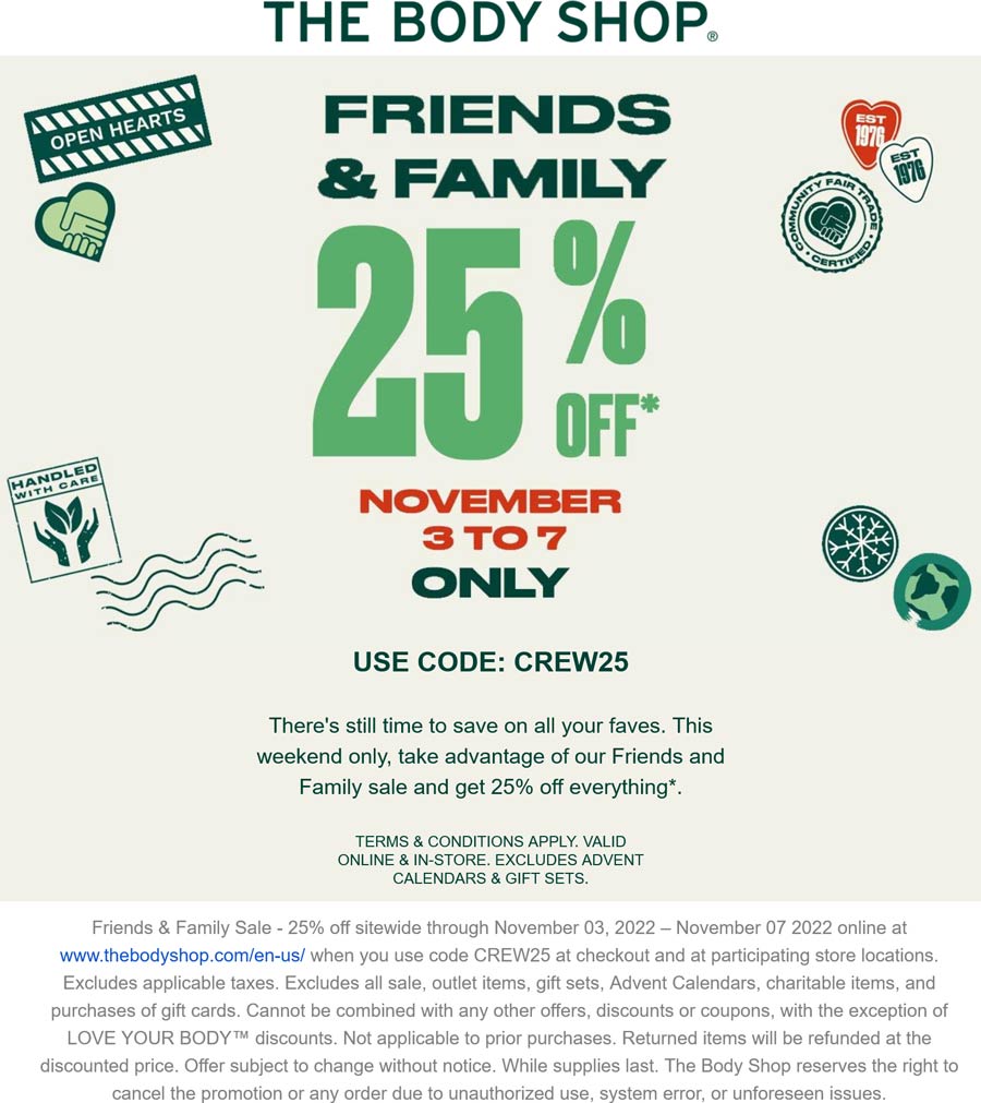 The Body Shop stores Coupon  25% off at The Body Shop, or online via promo code CREW25 #thebodyshop 