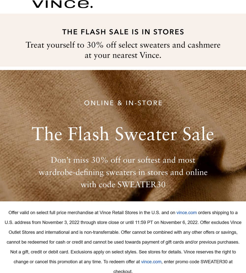 Vince stores Coupon  30% off sweaters & cashmere at Vince, or online via promo code SWEATER30 #vince 