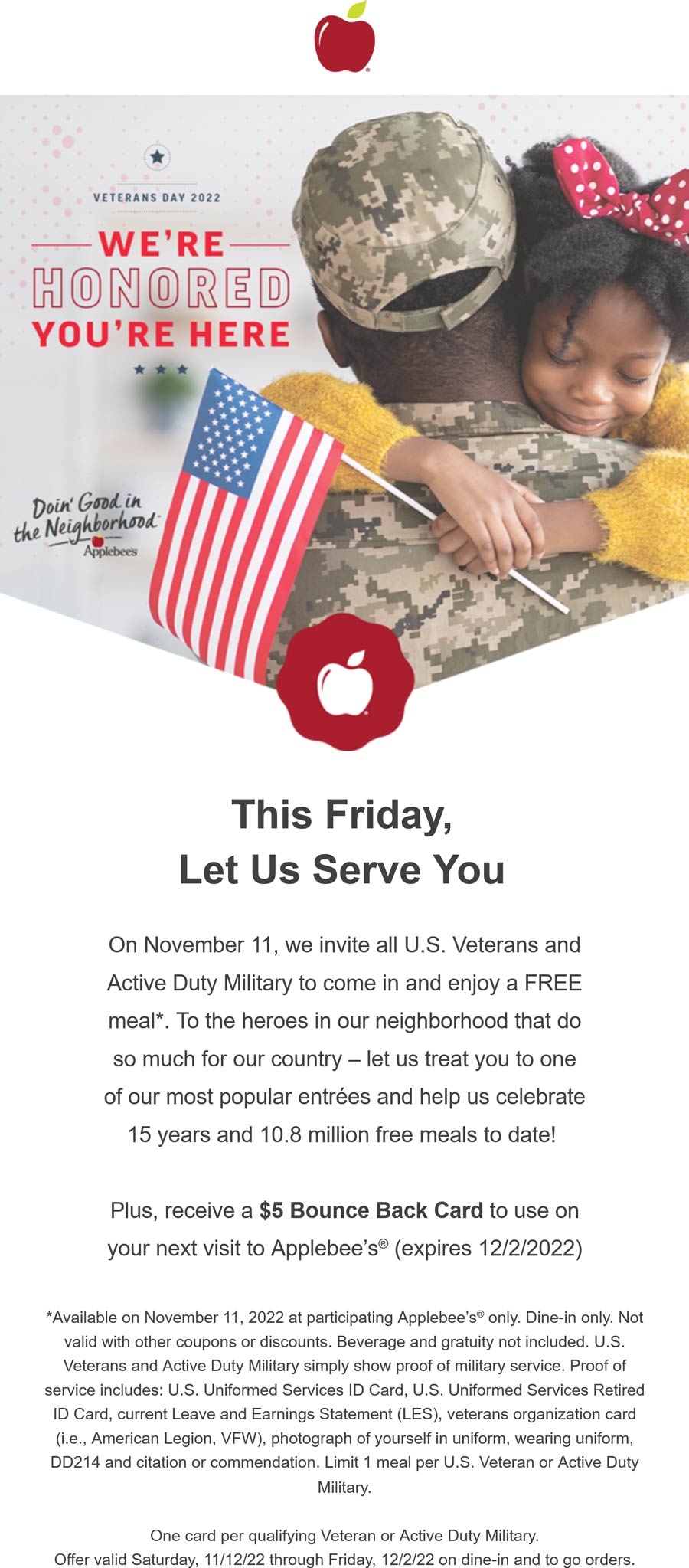Applebees restaurants Coupon  Veterans & military enjoy a free meal Friday at Applebees #applebees 