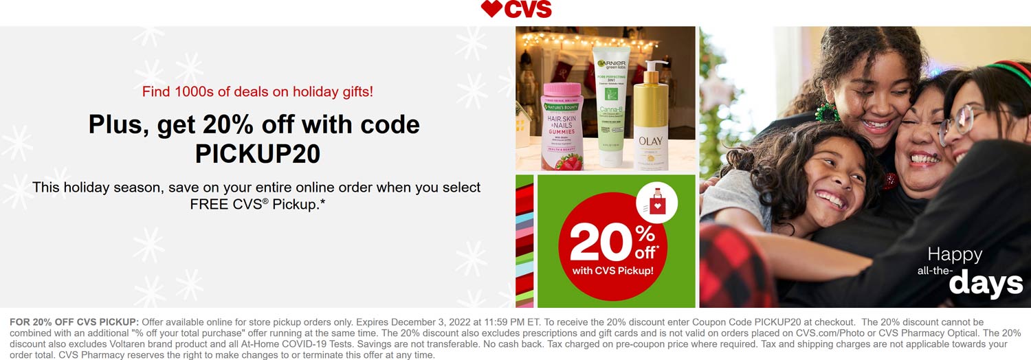 CVS stores Coupon  20% off online pickup at CVS Pharmacy via promo code PICKUP20 #cvs 