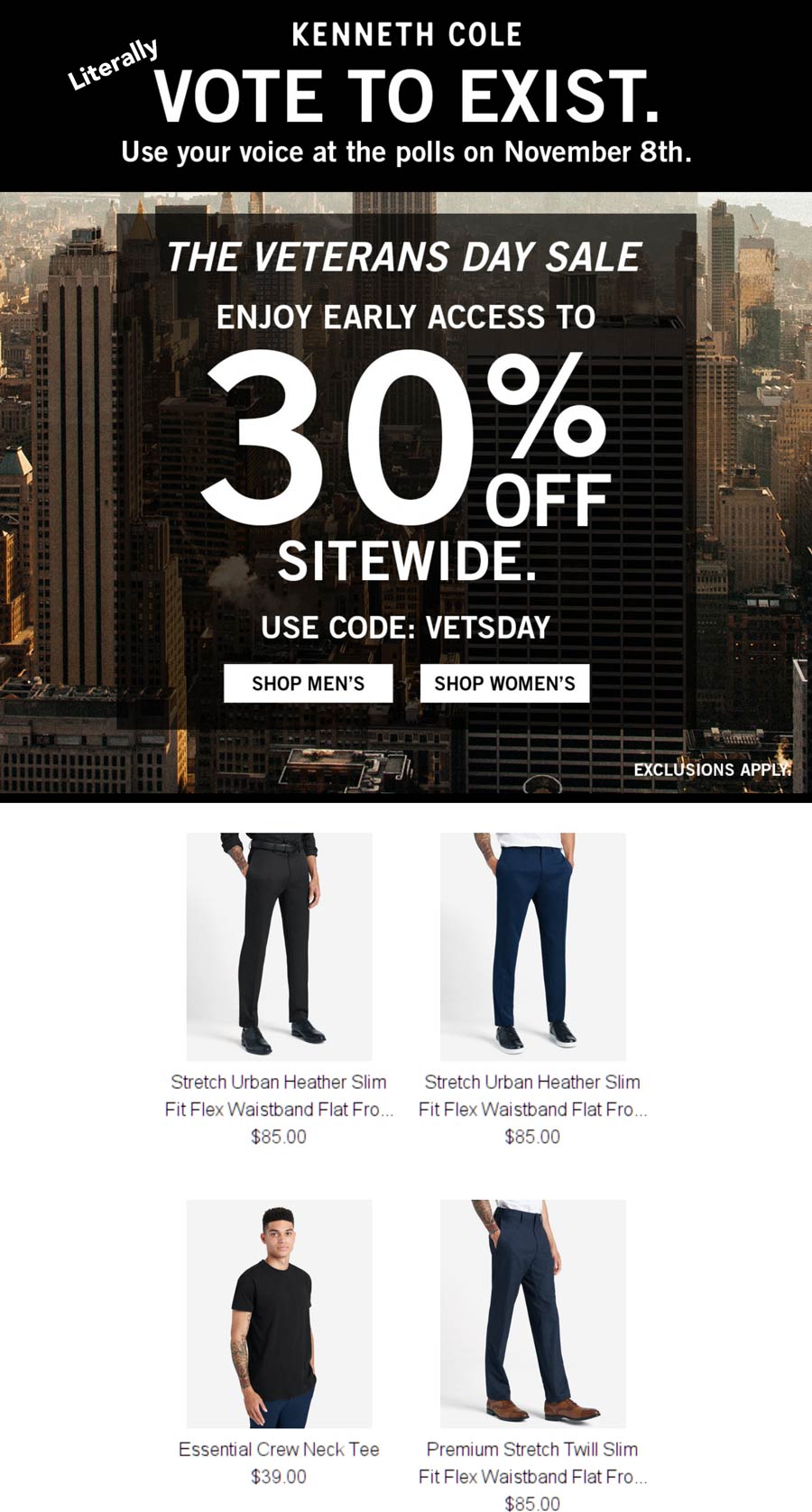 Kenneth Cole stores Coupon  30% off everything online at Kenneth Cole via promo code VETSDAY #kennethcole 