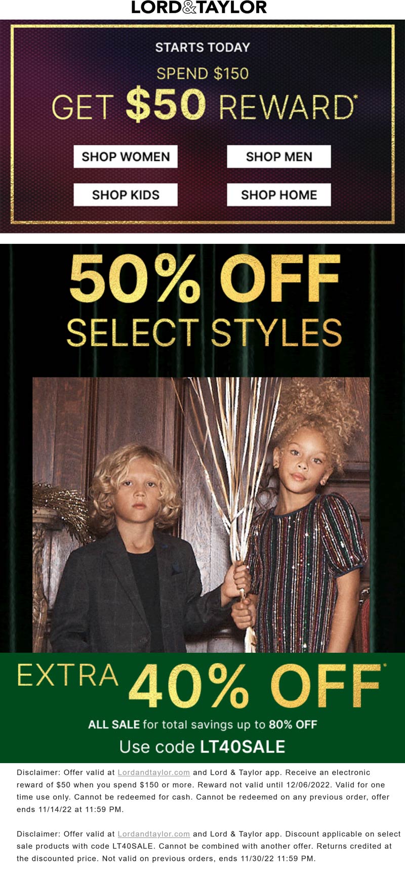 Lord & Taylor stores Coupon  Extra 40% off sale items at Lord & Taylor via promo code LT40SALE #lordtaylor 