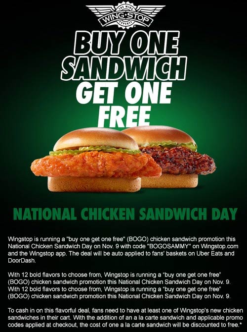 Wingstop restaurants Coupon  Second chicken sandwich free Wednesday at Wingstop via promo code BOGOSAMMY #wingstop 