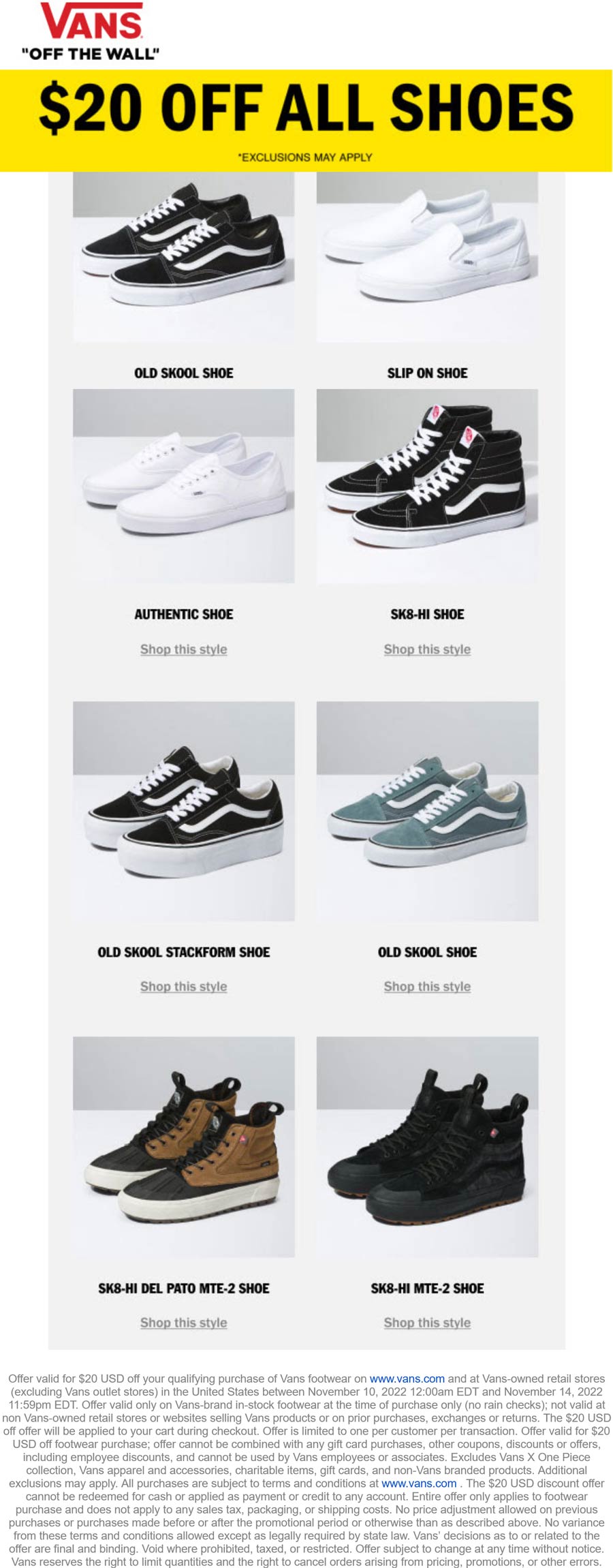 Vans stores Coupon  $20 off all shoes at Vans, ditto online #vans 