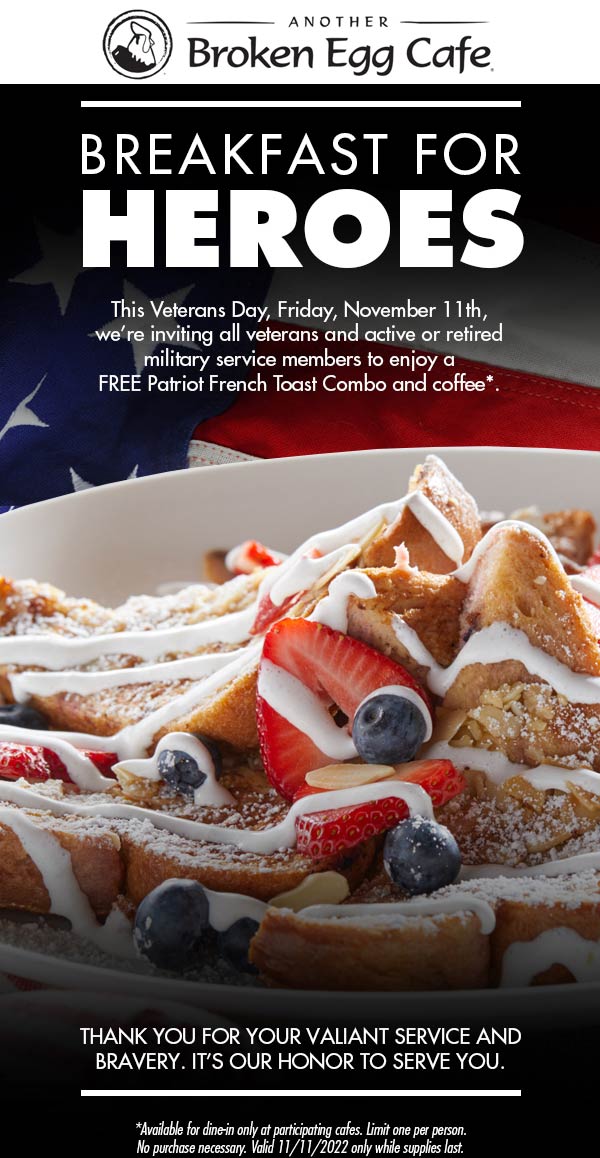 Another Broken Egg Cafe restaurants Coupon  Vets enjoy a free french toast combo meal today at Another Broken Egg Cafe #anotherbrokeneggcafe 