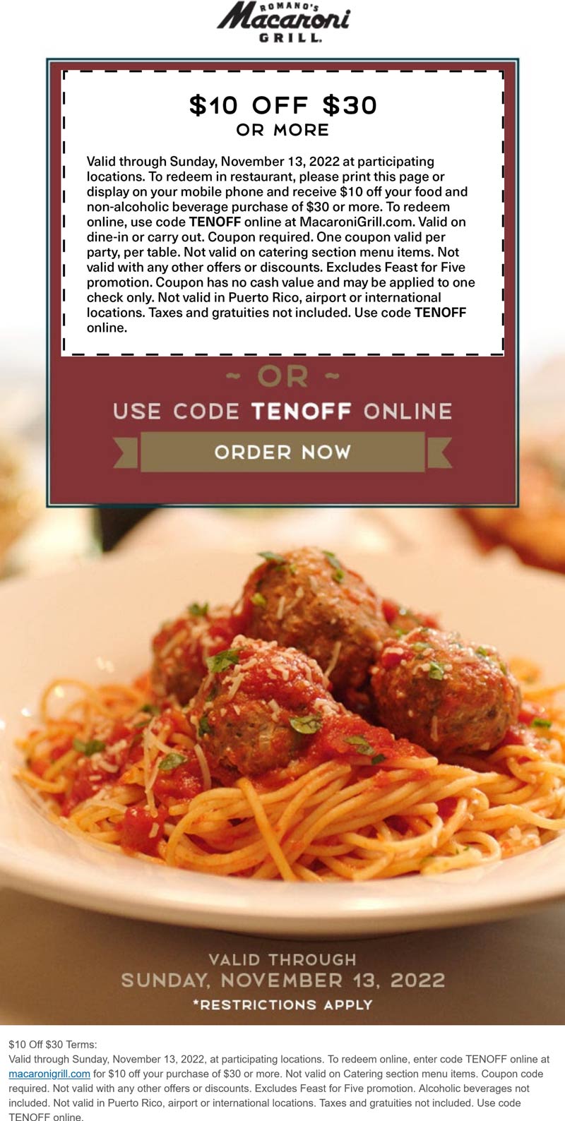Macaroni Grill restaurants Coupon  $10 off $30 at Macaroni Grill restaurants, or online via promo code TENOFF #macaronigrill 