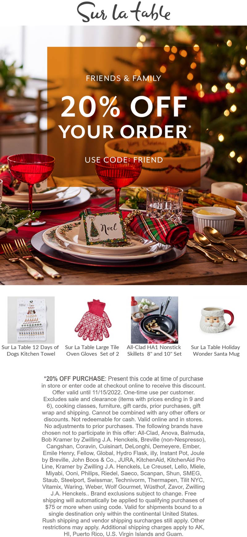 Sur la Table stores Coupon  20% off at Sur la Table, or online via promo code FRIEND #surlatable 