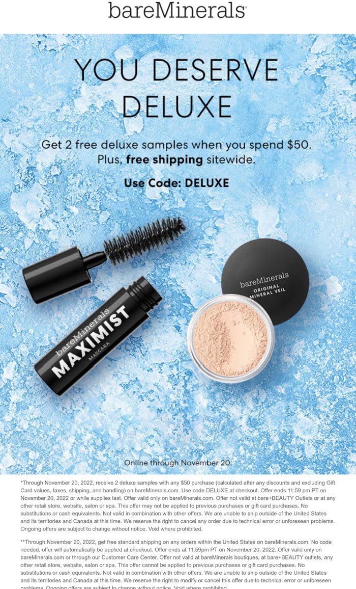 bareMinerals stores Coupon  2 deluxe trials free on $50 at bareMinerals via promo code DELUXE #bareminerals 