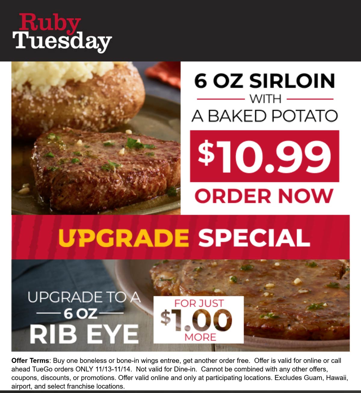 Ruby Tuesday restaurants Coupon  Sirloin steak & baked potato = $11 today at Ruby Tuesday #rubytuesday 