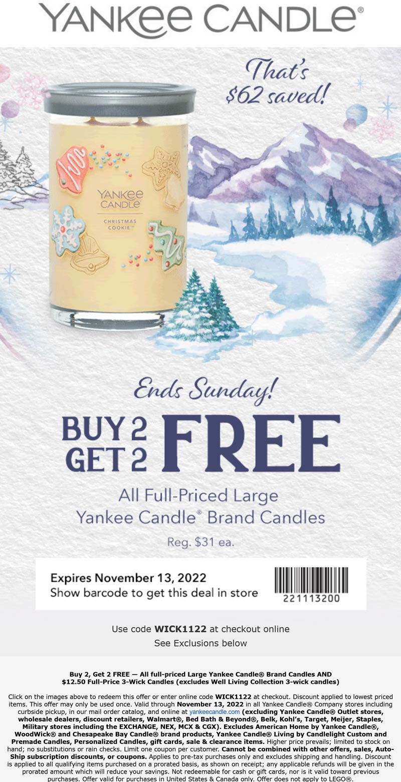 Yankee Candle stores Coupon  4-for-2 on candles at Yankee Candle, or online via promo code WICK1122 #yankeecandle 