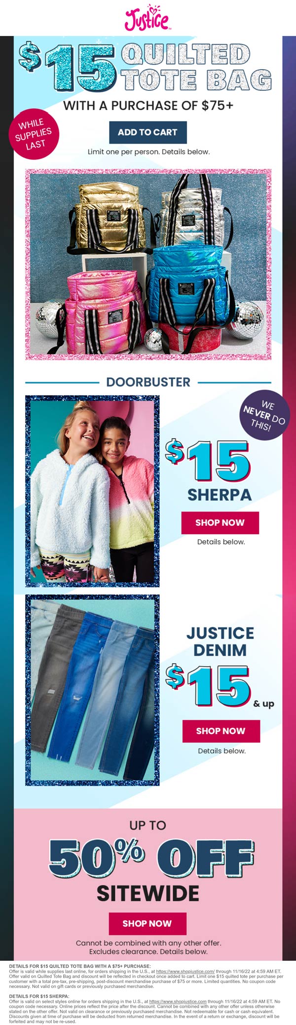Justice stores Coupon  $15 tote bag on $75 & more online at Justice #justice 