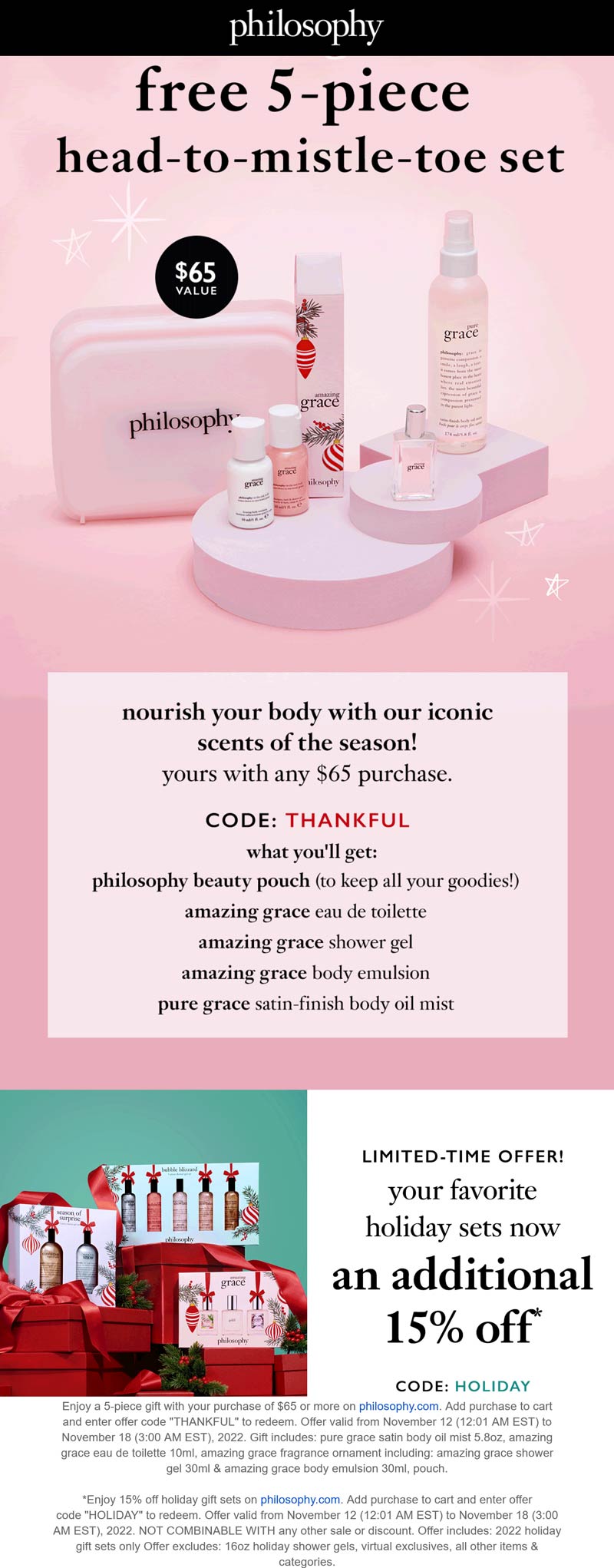Philosophy stores Coupon  Free 5pc set on $65 at Philosophy via promo code THANKFUL #philosophy 
