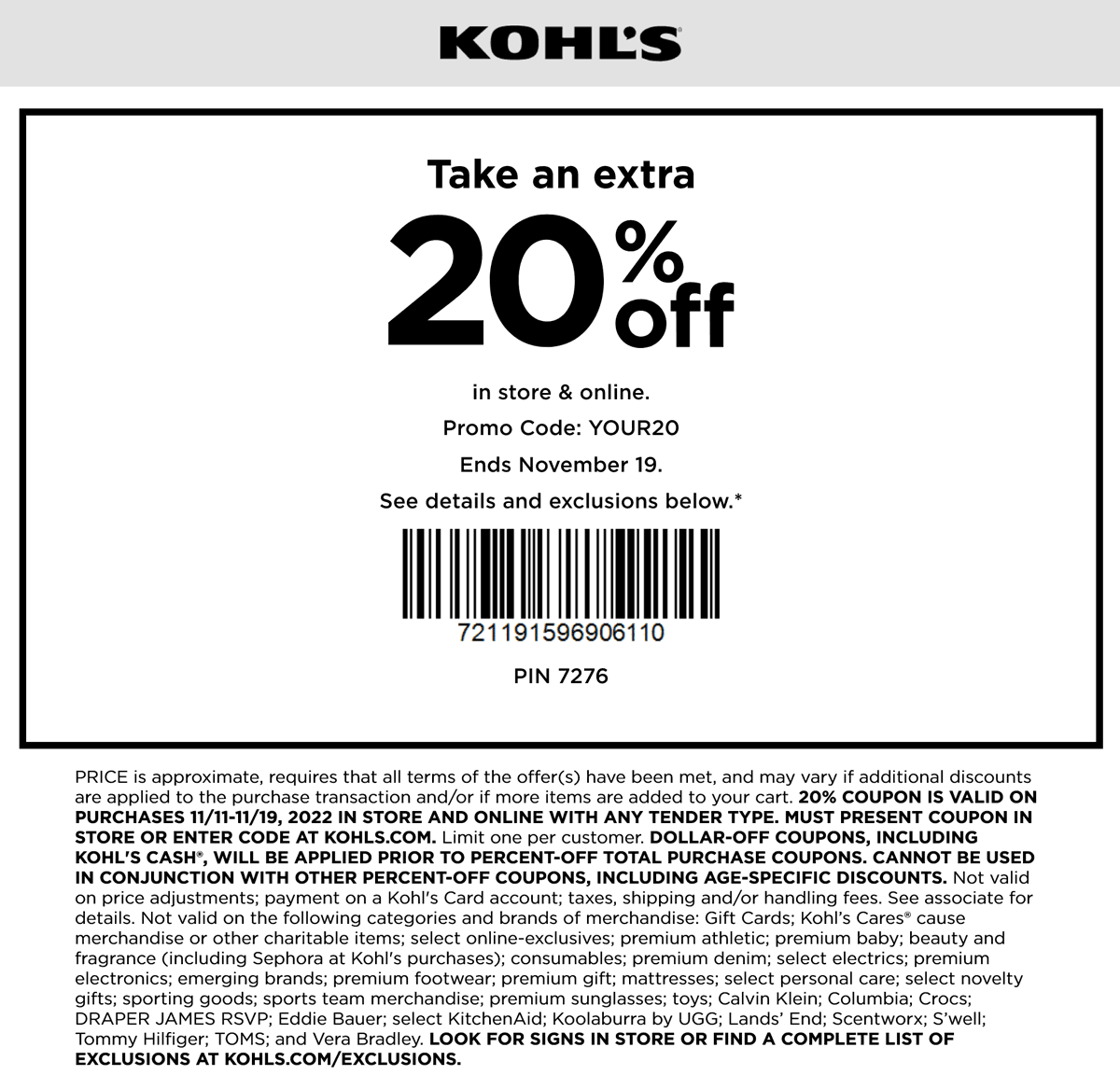Kohls stores Coupon  20% off at Kohls, or online via promo code YOUR20 #kohls 