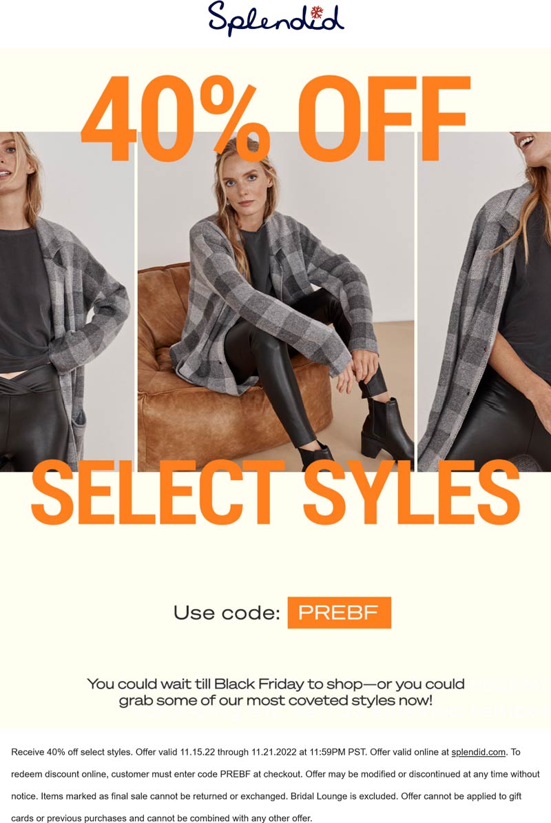 Splendid stores Coupon  40% off online at Splendid via promo code PREBF #splendid 