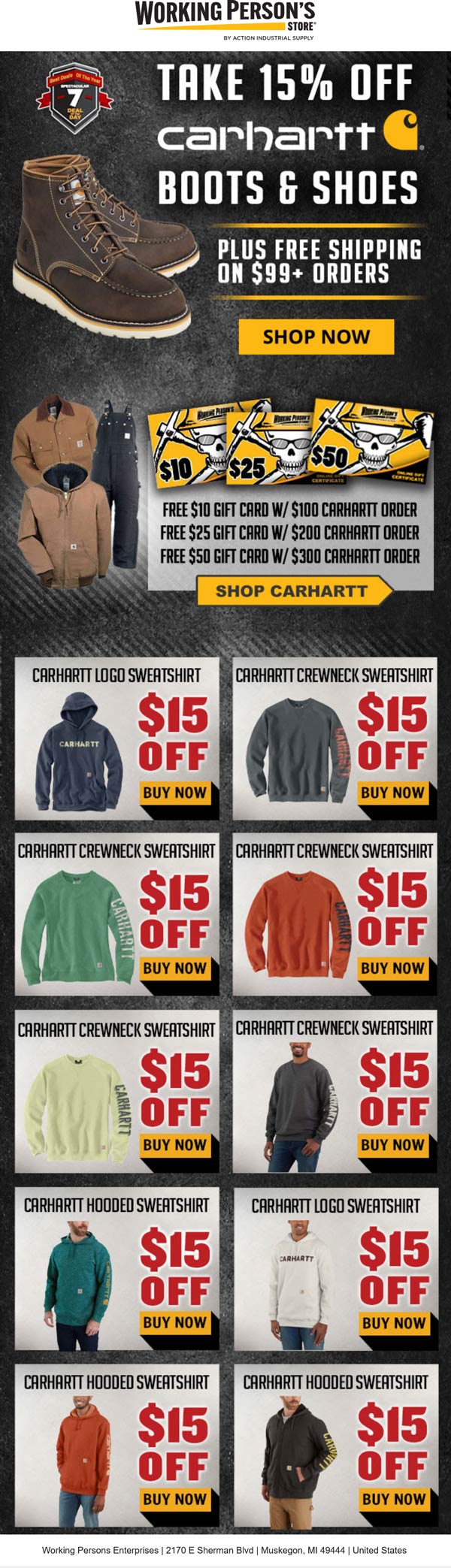 Working Persons Store stores Coupon  15% off Carhartt + free gift cards on $100+ at The Working Persons Store #workingpersonsstore 