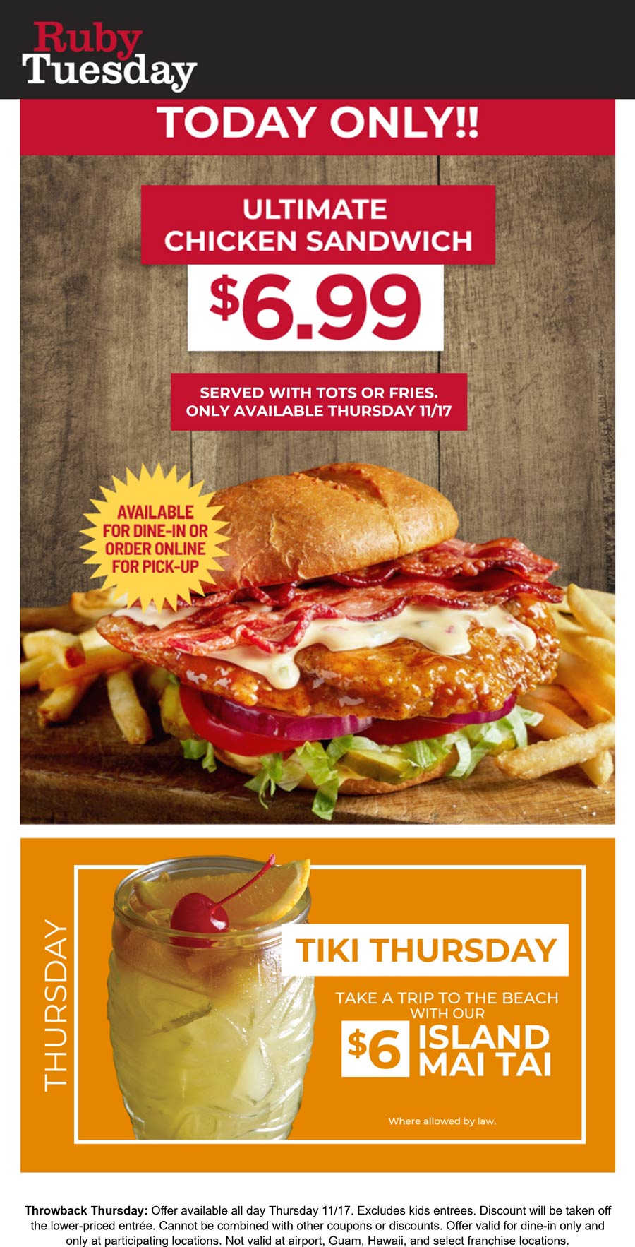 Ruby Tuesday restaurants Coupon  Ultimate chicken sandwich + fries = $7 today at Ruby Tuesday #rubytuesday 