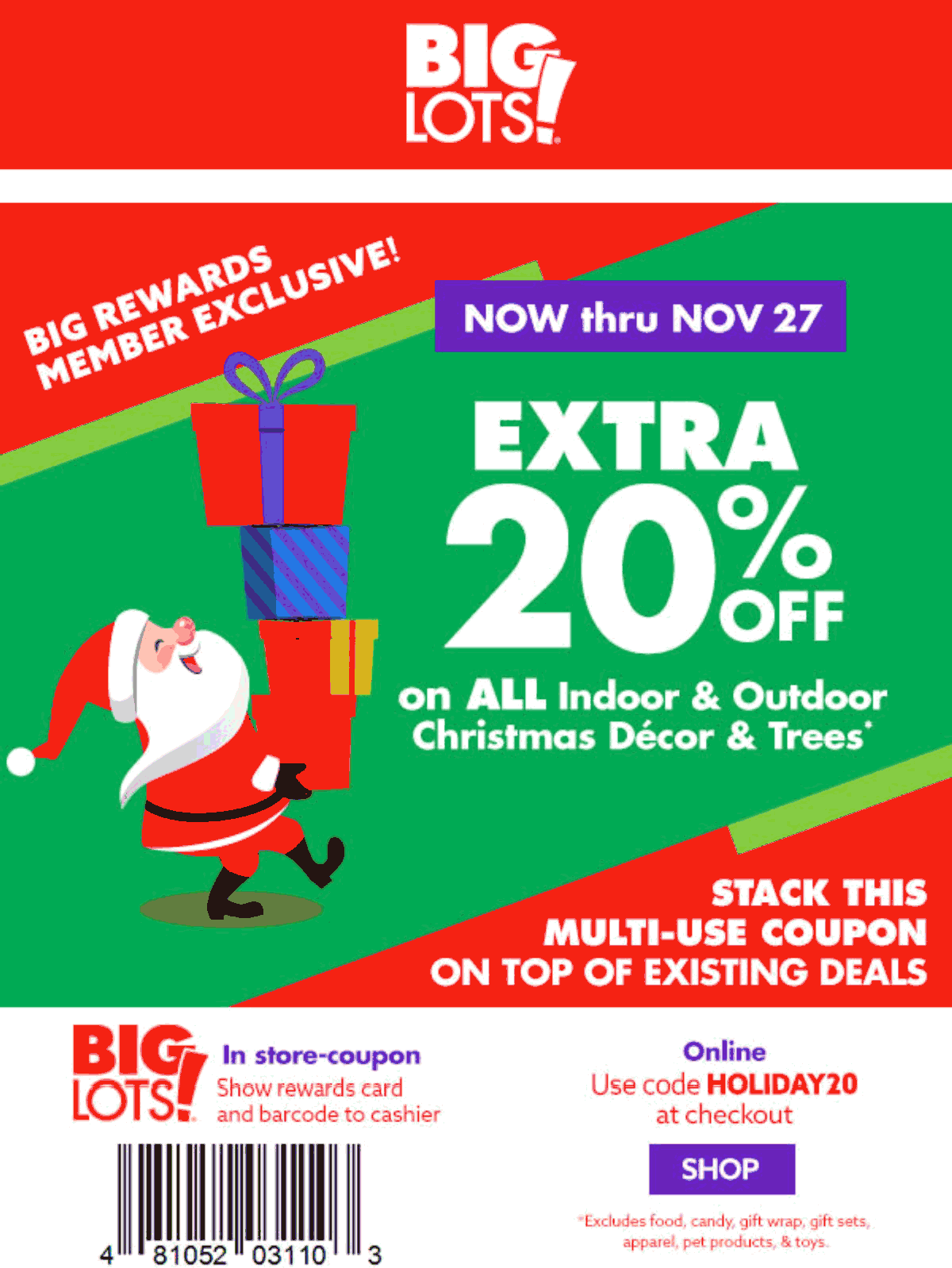 Big Lots stores Coupon  20% off holiday decor & trees at Big Lots, or online via promo code HOLIDAY20 #biglots 