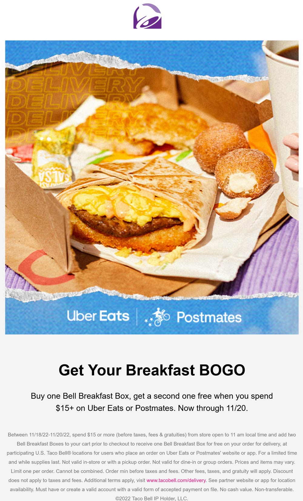 Taco Bell restaurants Coupon  Second breakfast box free on $15 via delivery at Taco Bell #tacobell 