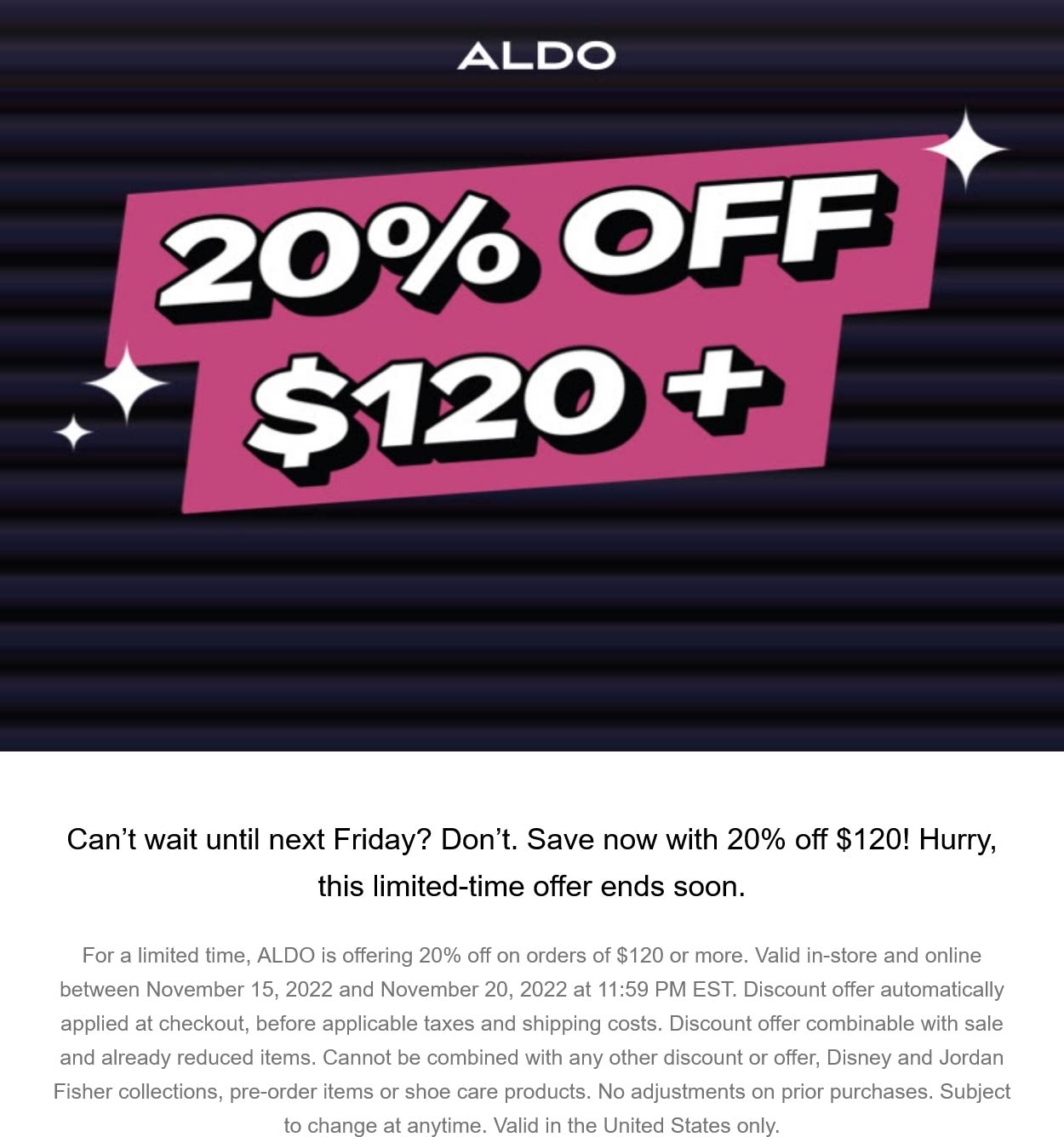 ALDO stores Coupon  20% off $120 at ALDO shoes, ditto online #aldo 