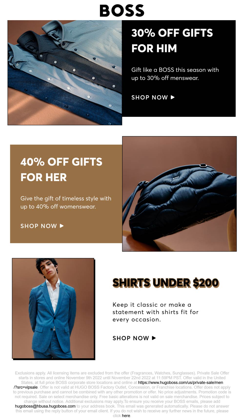 BOSS stores Coupon  30% off menswear & 40% off womenswear at BOSS, ditto online #boss 